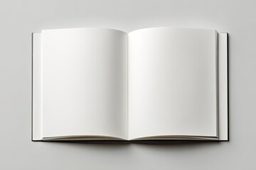 Top-down view of an open, blank notebook with thick white pages, set against a grey backdrop