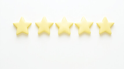 白い背景に並べられた5つの星（最高評価、レビューと品質保証のコンセプト） / Five stars lined up on a white background (Concept of top rating, review, and quality assurance)