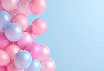 Pastel-colored balloons in pinks and blues, filling the left edge of a light-blue background