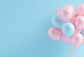 Pastel-colored balloons in pink and blue against a light blue backdrop, suggesting a celebration