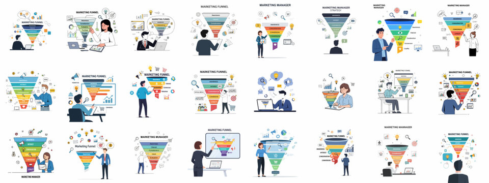 Comprehensive set of marketing funnel illustrations depicting business strategy, customer journey stages, conversion, loyalty, and sales analytics.