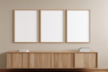 Three framed blank artworks above a wooden cabinet against a beige wall. Books are on cabinet