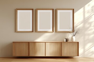 A wooden cabinet displays framed art, a vase, and decor against a beige wall with natural light