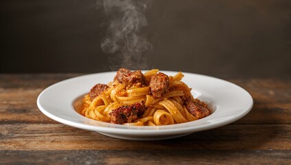 Fototapeta premium Pasta and Sausage Dish Served on a Plate, protein-rich meal
