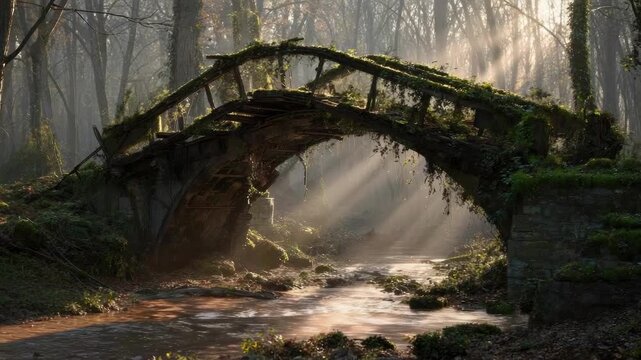 Mossy stone arch bridge over a quiet forest stream, sunbeams slicing through misty trees in a tranquil woodland.