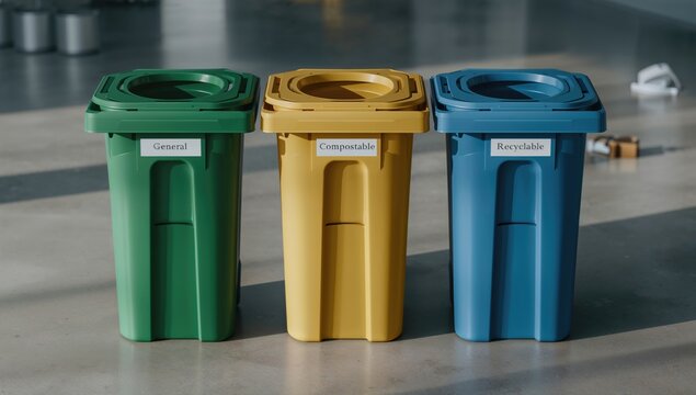 Set of plastic bins in green, yellow, and blue for waste sorting, efficient waste management