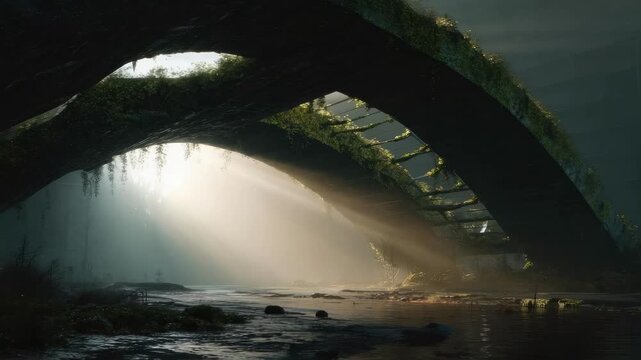 Moss-covered arched bridge submerged in shallow water, sunlight streaming through the gap and reflecting on the wet ground.
