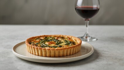 Traditional French quiche featuring chard on a pale plate, complemented by a glass of red wine, highlighting a protein-rich meal