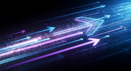 Dynamic, abstract arrow formation with glowing blue and purple light trails against a dark backdrop