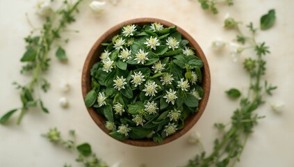 Close-up of Wild Ramson or Wild Leek in a Wooden Bowl on a Light Background, beneficial for healthy eating and vegetarianism