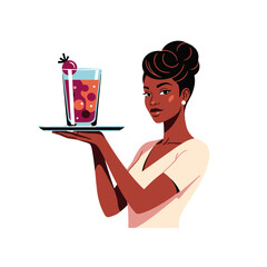 Black woman serving colorful probiotic drink on tray with copy space
