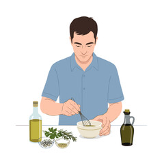 White man preparing artisanal dressing with herbs and vinegar with copy space