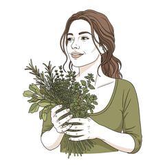 White woman holding fresh culinary herbs with copy space