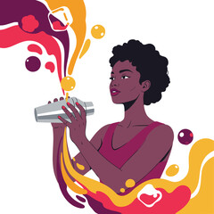 Black woman mixing colorful probiotic cocktail with abstract splash design