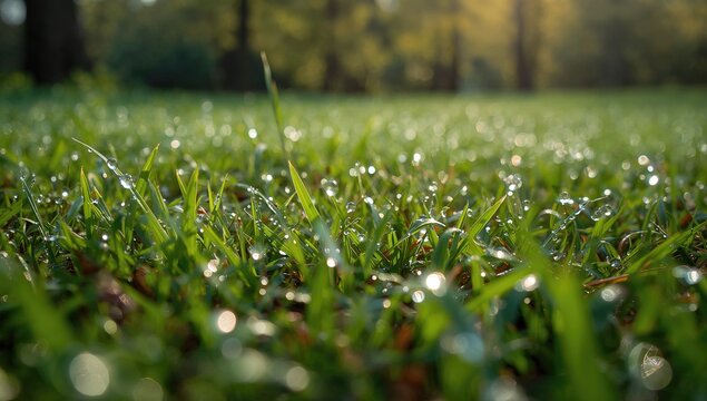 Morning dew on grass, natural moisture accumulation, seasonal change