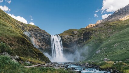 Fototapeta premium Waterfall cascading over rocks in a mountain brook, showcasing natural erosion patterns