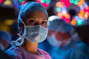 Focused medical professional in surgical attire performing a procedure in a dimly lit operating room, showcasing dedication to patient care and safety