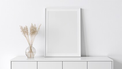 Vertical artwork frame showcasing white furniture and wall, featuring a vase of dry plants, minimalism and aesthetic simplicity