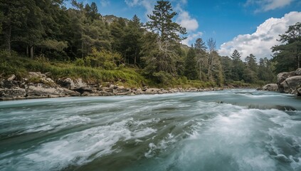 River and forest stones with apparent motion from flowing water, seasonal change