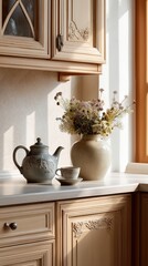 sand tone rustic kitchen bottom cabinets with carved doors, floral ceramic teapot, vase with meadow flowers, warm light, calm atmosphere