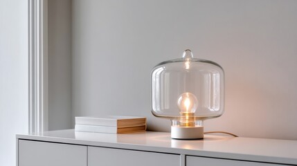 transparent dome glass table lamp glowing softly on white console table, clean background, warm light texture