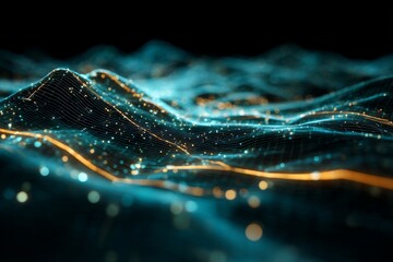 Abstract Digital Landscape with Glowing Data Streams and 3D Grid Representation for Technology and Innovation Themes