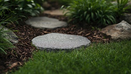 Stepping stones with grass and plants, enhancing garden accessibility