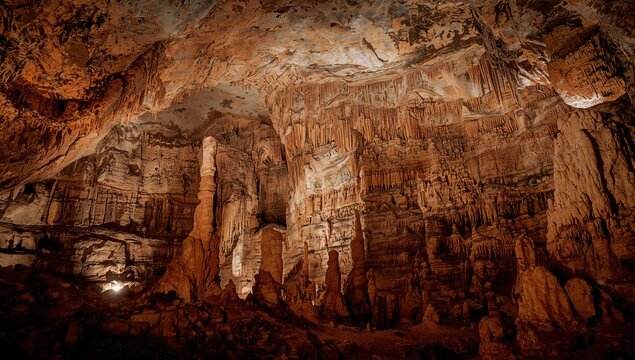 Interior of a cave featuring diverse speleothems, showcasing geological formations