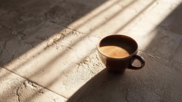 A brown ceramic cup of coffee on a sunlit cracked concrete floor, with diagonal light stripes casting shadows.