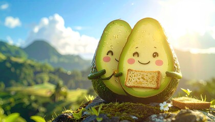 Happy Cartoon Avocados Embracing on a Sunny Day Outdoors With Lush Greenery and Mountains in the Background