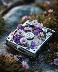 Vintage hard drive opened with delicate flowers growing inside, contrast of nature and obsolete technology