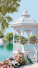 white ornate garden gazebo overlooking pond, pastel flowers, peacock in foreground, bright airy midday light, cinematic composition