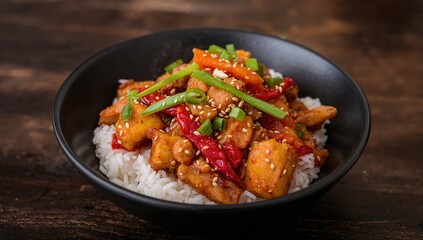 Fototapeta premium Close-up of sweet and sour pulled chicken served with rice, featuring carrots, red bell pepper, and green onion, protein-rich meal