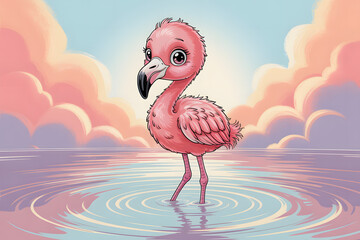 Adorable Cartoon Flamingo Chick Standing in Water at Sunset
