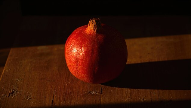 Pomegranate displayed on a wooden surface under warm lighting, highlighting its vibrant color and texture