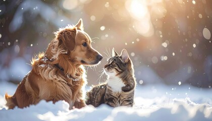 Golden Retriever dog and tabby cat sitting together in fresh snow during a sunny winter day with soft bokeh background and falling snowflakes