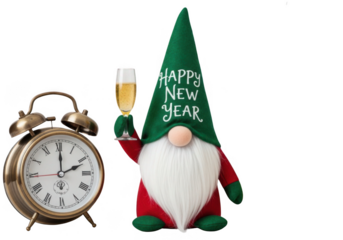 Festive new year s eve gnome holding champagne next to an alarm clock isolated on transparent background