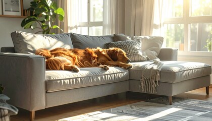 Golden Retriever Dog Sleeping Peacefully on a Comfortable Grey Sectional Sofa in a Bright Living Room with Sunlight Streaming Through the Window