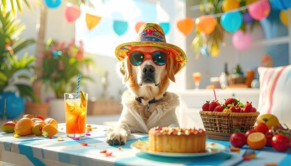 Golden Retriever Dog Wearing Colorful Party Hat and Sunglasses at a Table Laden with Cake and Fruit with Balloons in Background Outdoors