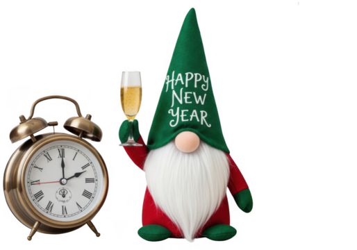 Festive new year s eve gnome holding champagne next to an alarm clock isolated on transparent background