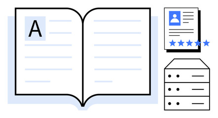 Open book with text lines, profile document with rating stars, and server stack. Ideal for data management, online learning, digital libraries, content organization, education systems, profile