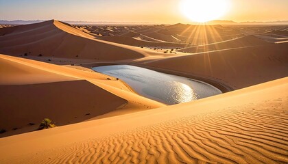 Golden Sand Dunes At Sunrise With Rippled Patterns Reflecting Sunlight In A Small Desert Oasis