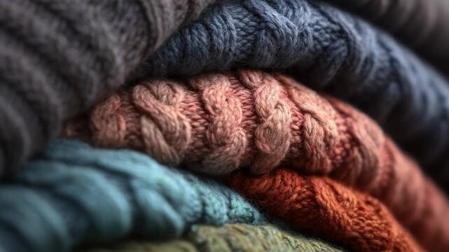 Close-up of a stack of chunky, multicolored knitted garments with cable patterns.
