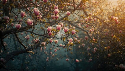 Mysterious spring backdrop featuring blooming pink magnolia flowers with luminous bokeh, suitable for editorial header background