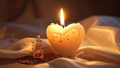 Heart Shaped Candle Glowing with Warm Light on Cream Silk Fabric with Golden Necklace and Rose Accent