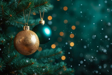 Christmas tree with green and golden ball decoration with light decoration in winter bokeh glitter background