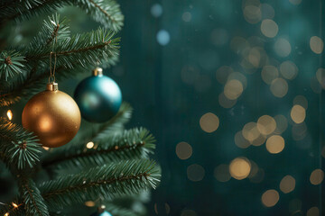 Christmas tree with green and golden ball decoration with light decoration in winter bokeh glitter background
