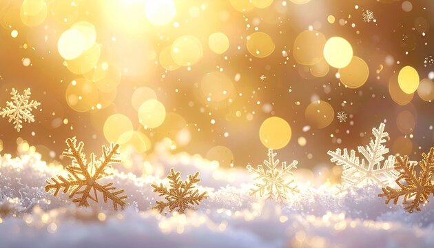 Golden snowflakes sparkle in soft sunlight over a snowy landscape creating a magical winter wonderland atmosphere with glowing bokeh lights
