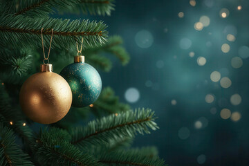 Christmas tree with green and golden ball decoration with light decoration in winter bokeh glitter background