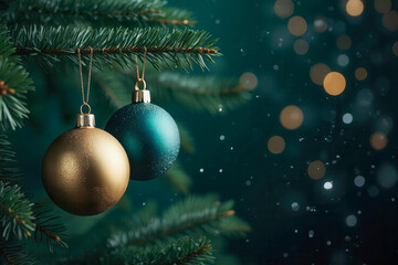 Christmas tree with green and golden ball decoration with light decoration in winter bokeh glitter background